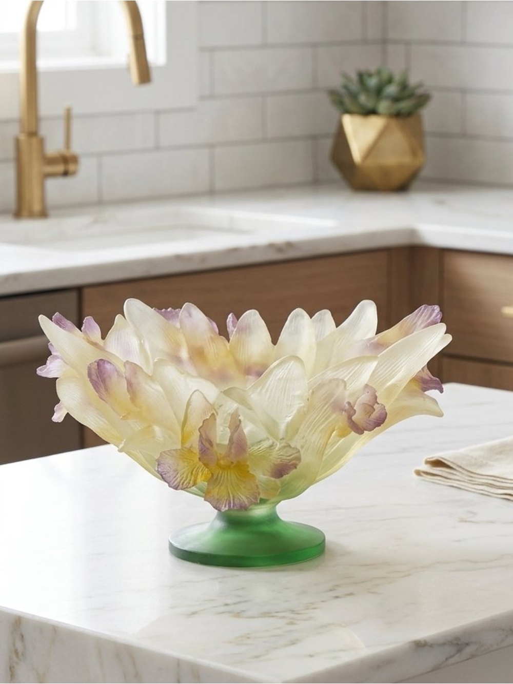 Art Nouveau Style Frosted Resin Iris Flower Centerpiece Bowl Footed Floral Dish